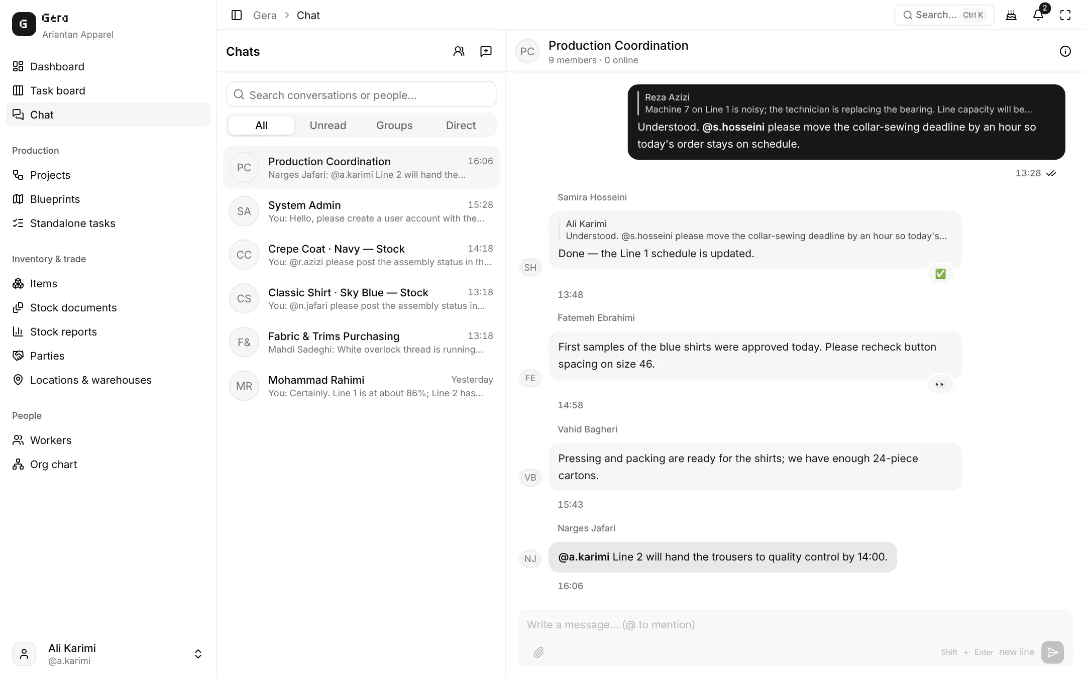 Production coordination group conversation with mentions and replies