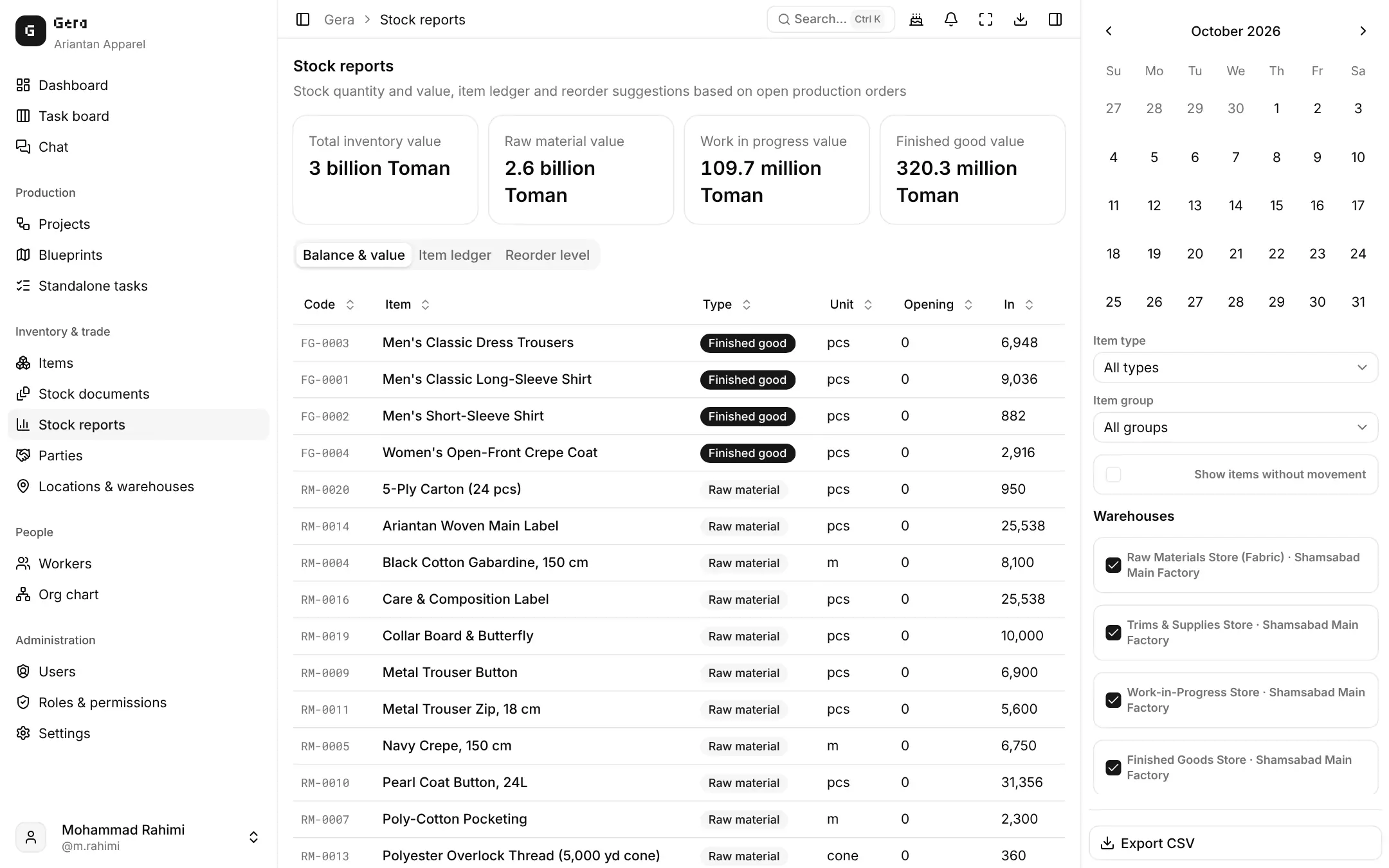 Stock reports with inventory value and balances per item